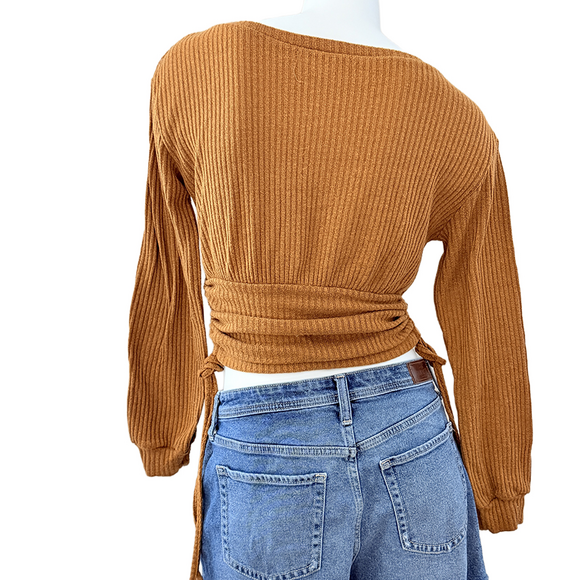 Streetwear barrel sleeve ribbed boat neck cropped long sleeve top small sienna - Picture 2 of 6